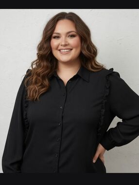 City Chic Black Ruffle-Trim Button-Front Women’s Top